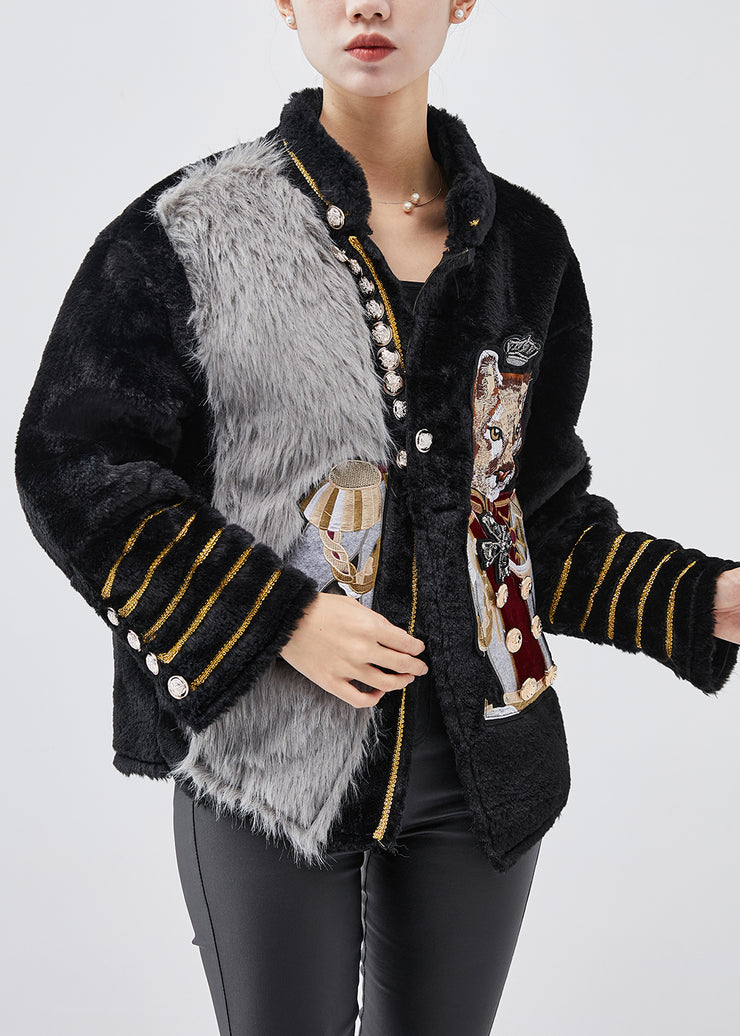 Modern Black Embroideried Patchwork Faux Fur Jackets Winter