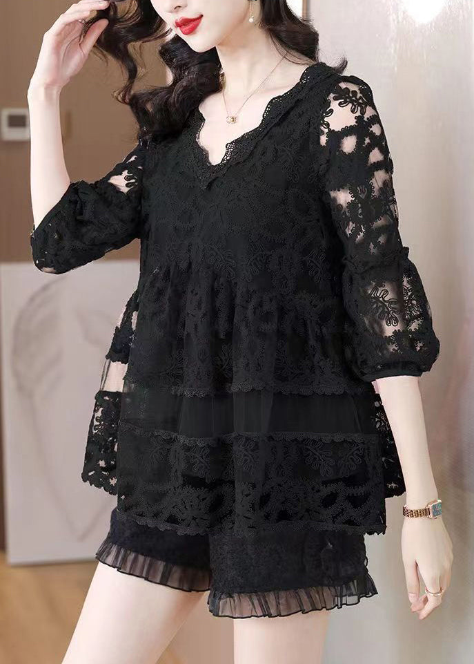 Modern Black Embroidered Patchwork Tulle A Line Tops Bracelet Sleeve