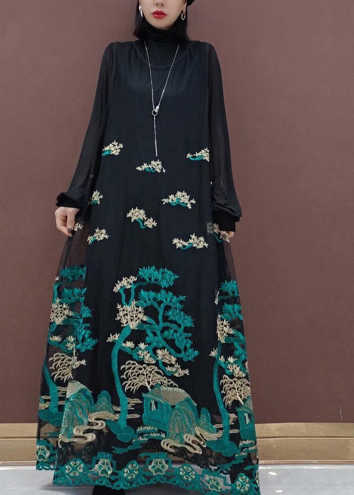 Modern Black Embroidery Dresses Stand Collar Patchwork Tulle Vestidos De Lino Spring Dress - SooLinen