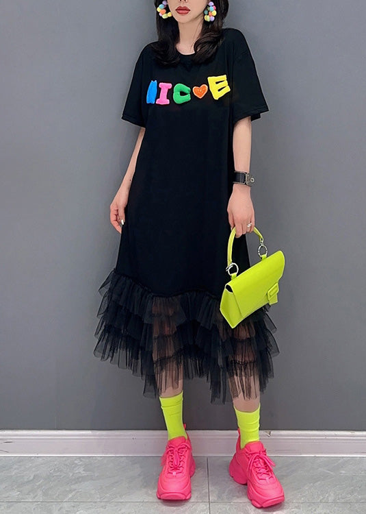 Modern Black Graphic Print Tulle Patchwork Maxi Dresses Summer