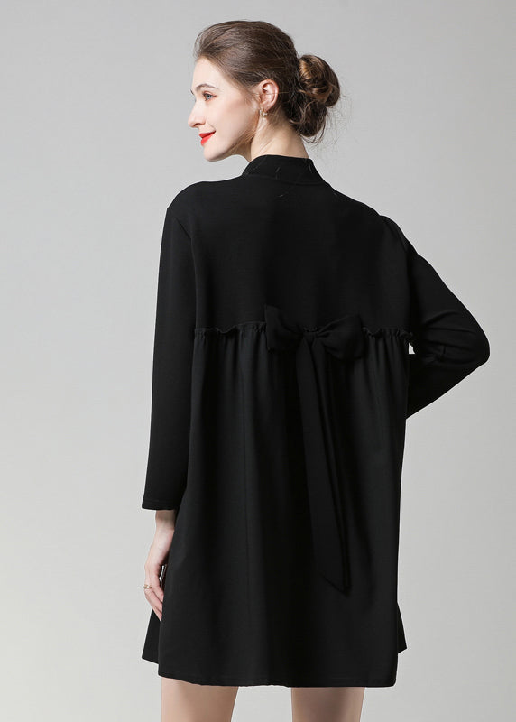Modern Black High Neck Ruffled Patchwork Bow Cotton Robe Dresses Spring