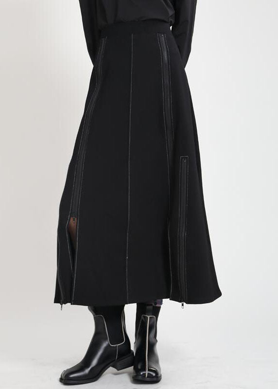 Moderner schwarzer asymmetrischer Patchwork-Herbstrock mit hoher Taille und Reißverschluss