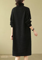Modern Black Hign Neck Button Versatile Corduroy Dresses Fall