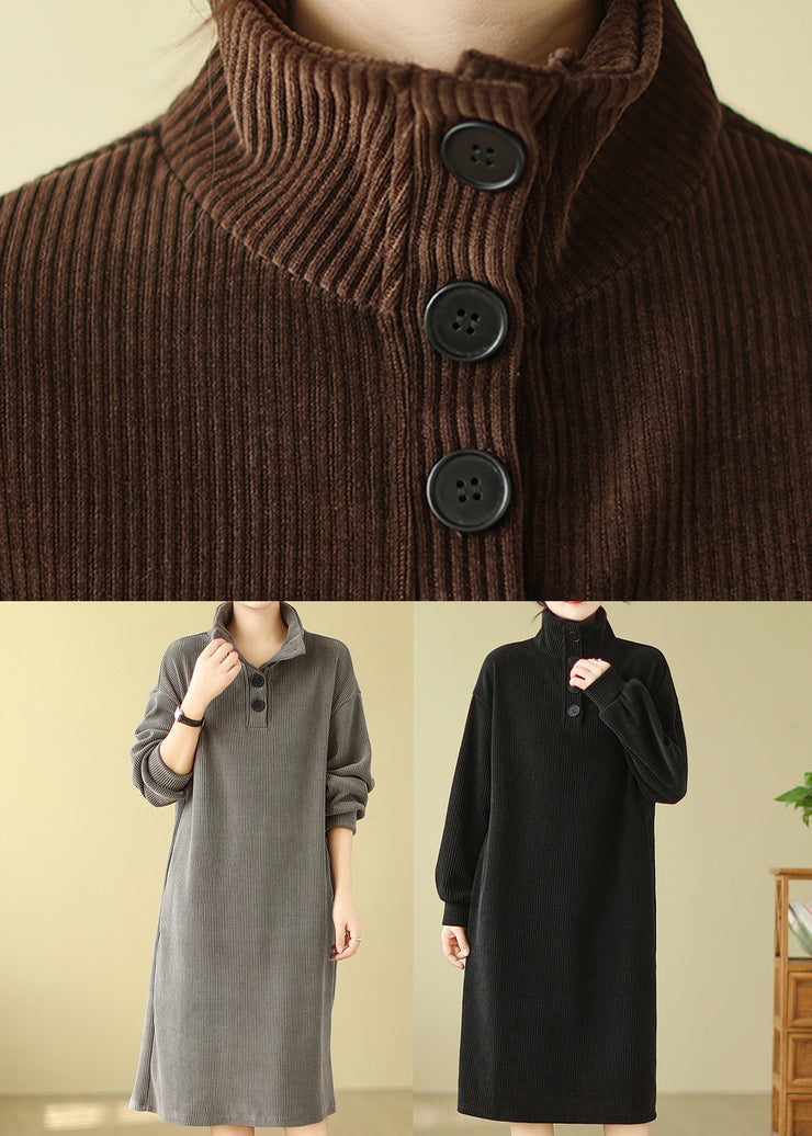 Modern Black Hign Neck Button Versatile Corduroy Dresses Fall