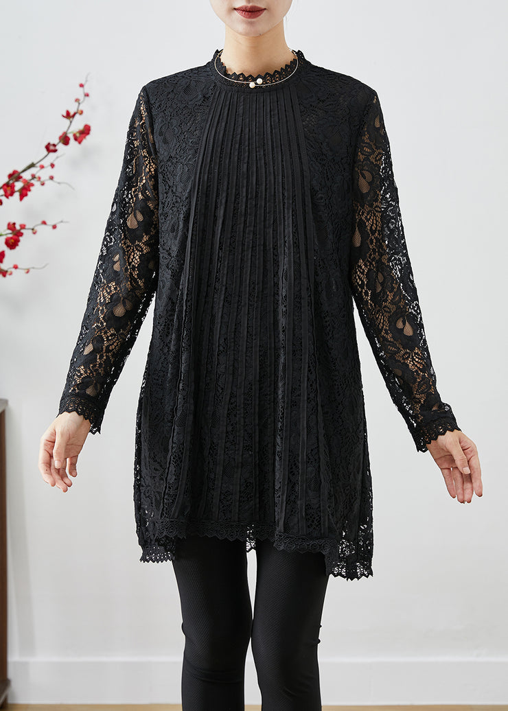 Modern Black Hollow Out Lace Shirt Tops Fall