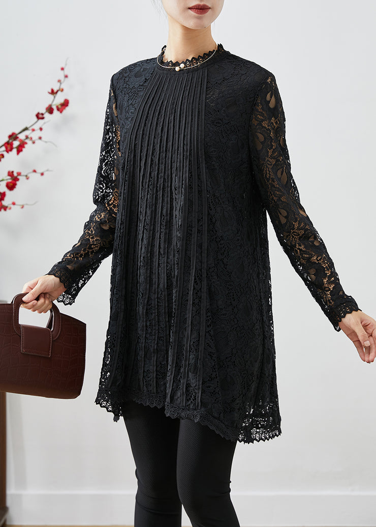 Modern Black Hollow Out Lace Shirt Tops Fall