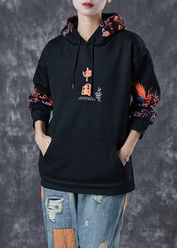 Modern Black Hooded Chinese Print Warm Fleece Loose Sweatshirts Top Winter