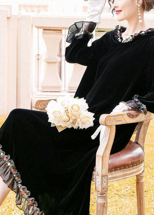 Modern Black Hooded Patchwork Ruffles Silk Velour Long Dress Spring