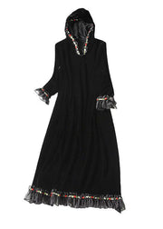 Modern Black Hooded Patchwork Ruffles Silk Velour Long Dress Spring