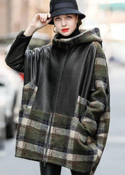Modern Black Hooded Patchwork Sheepskin Wool Coats Winter