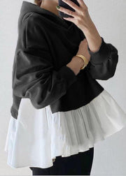 Modern Black Hooded Patchwork Warm Fleece Sweatshirts Top Spring