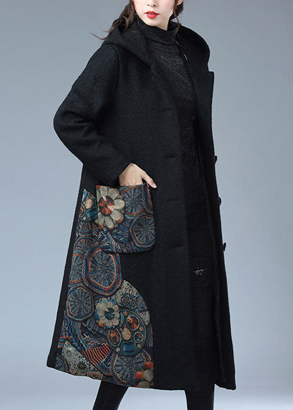 Modern Black Hooded Print Warm Fleece Woolen Trench Coat Winter