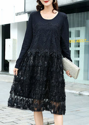 Modern Black Knit Patchwork Hollow Out Vacation Dresses Fall