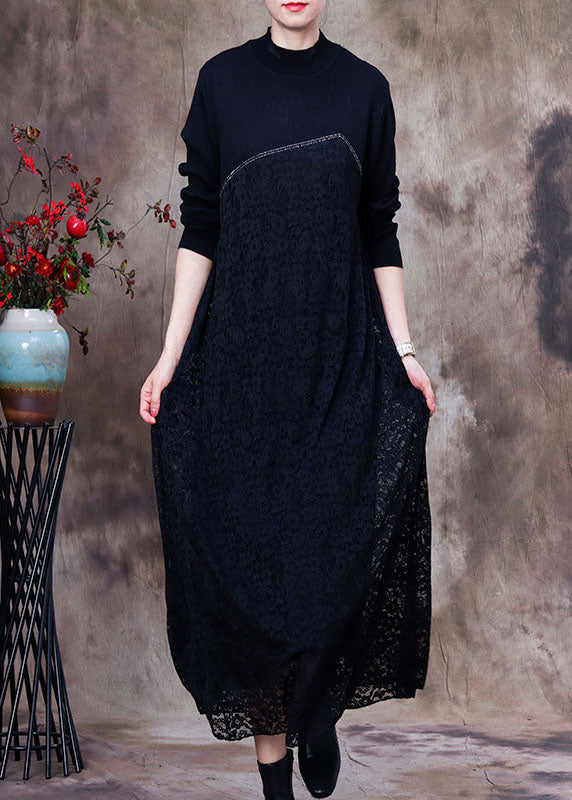 Modernes schwarzes Spitzen-Patchwork-Strick-langes Kleid Frühling