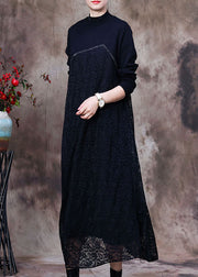 Modernes schwarzes Spitzen-Patchwork-Strick-langes Kleid Frühling