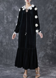 Modern Black Lace Up Floral Silk Velour Maxi Dress Spring