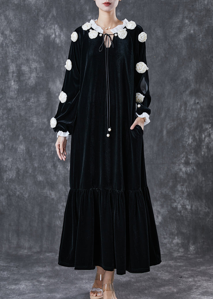 Modern Black Lace Up Floral Silk Velour Maxi Dress Spring