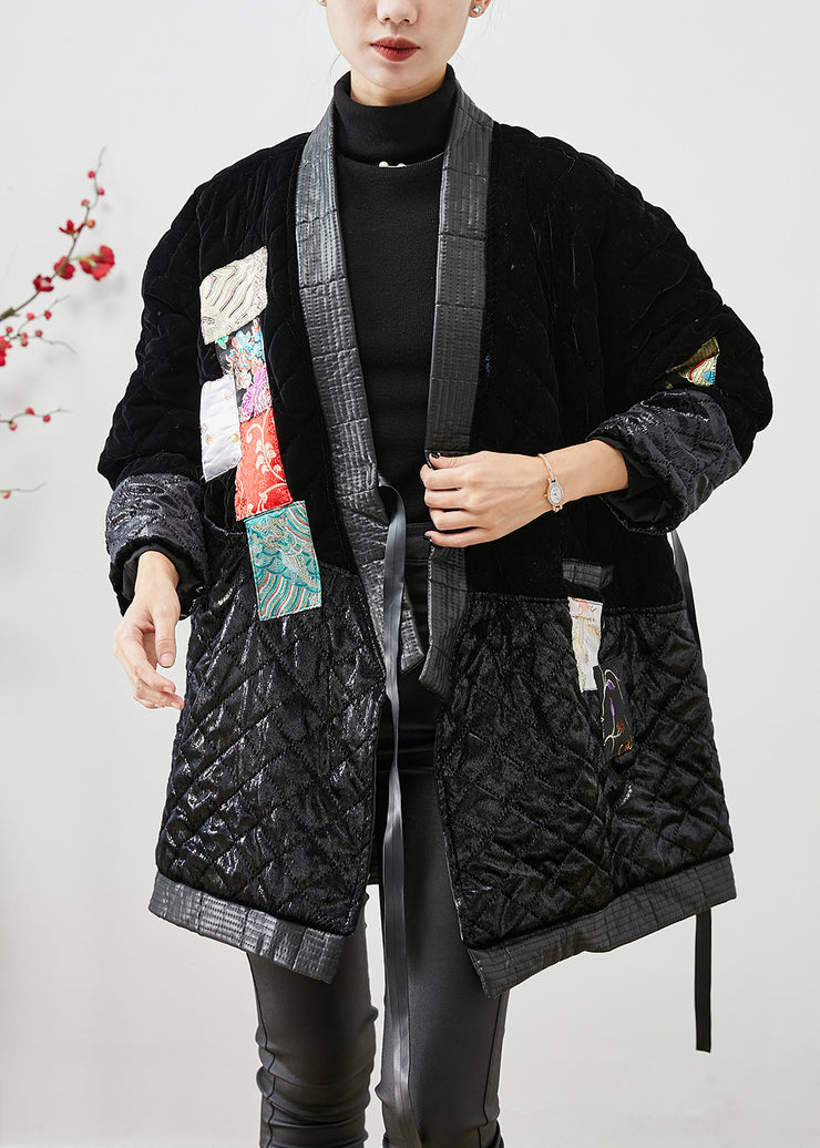 Modern Black Lace Up Patchwork Silk Velour Cotton Filled Coat Winter