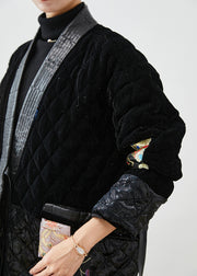 Modern Black Lace Up Patchwork Silk Velour Cotton Filled Coat Winter