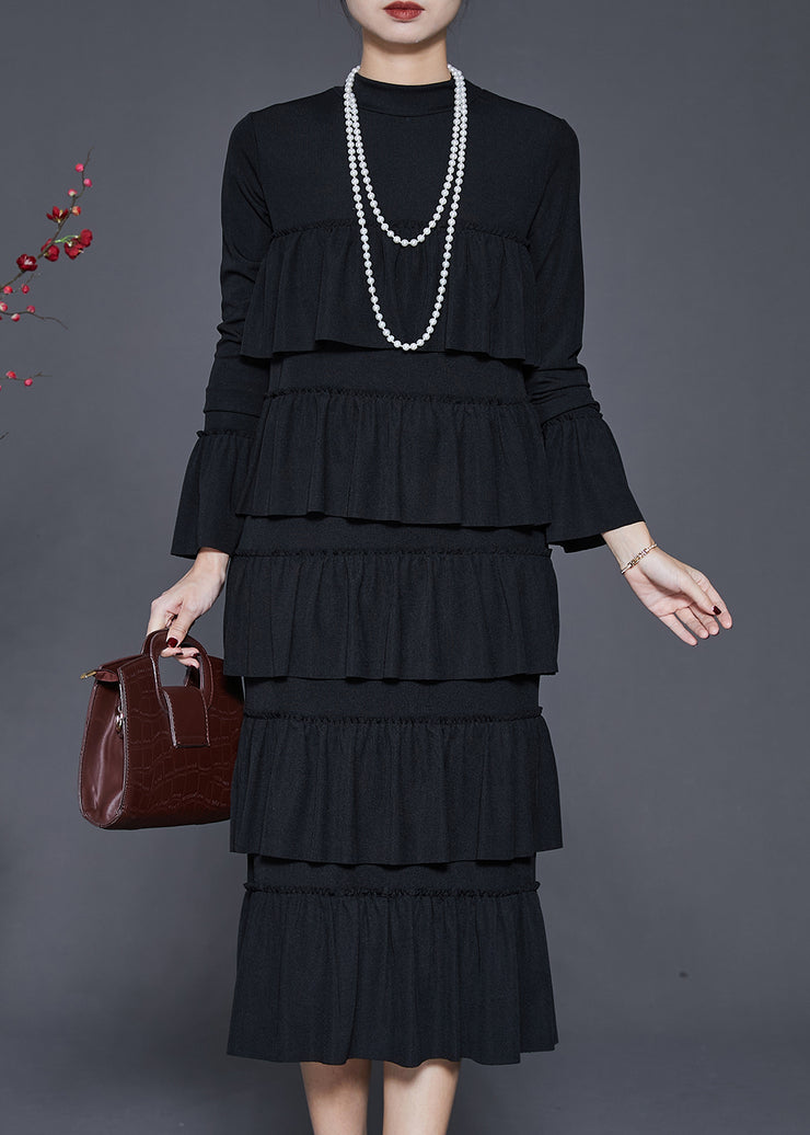 Modern Black Layered Ruffles Silm Fit Cotton Dress Spring