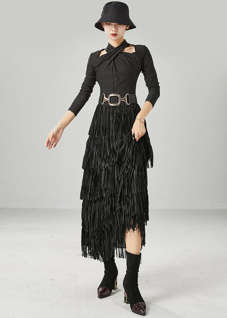 Modern Black Layered Tasseled Slim Fit Skirts Summer