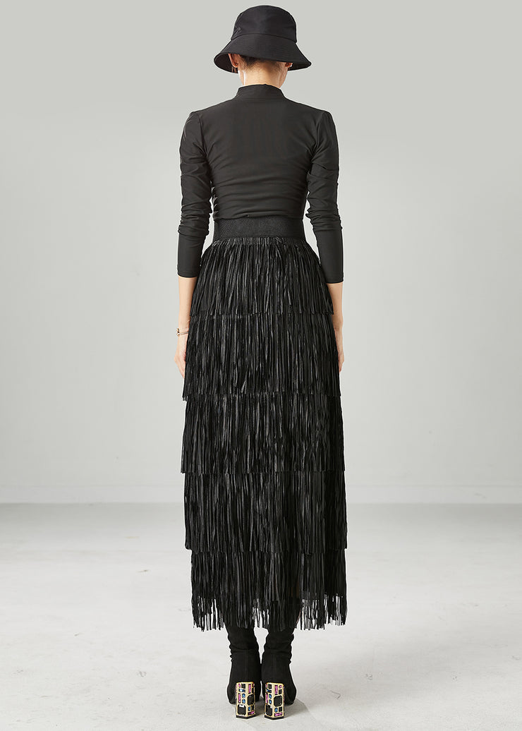 Modern Black Layered Tasseled Slim Fit Skirts Summer