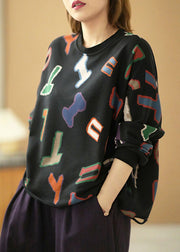 Modernes schwarzes lockeres Herbst-Sweatshirt mit O-Ausschnitt und grafischem Loch