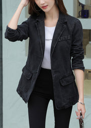 Modern Black Notched Pockets Patchwork Denim Coats Long Sleeve