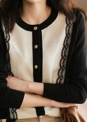 Modern Black O Neck Button Lace Patchwork Woolen Knit Cardigans Fall