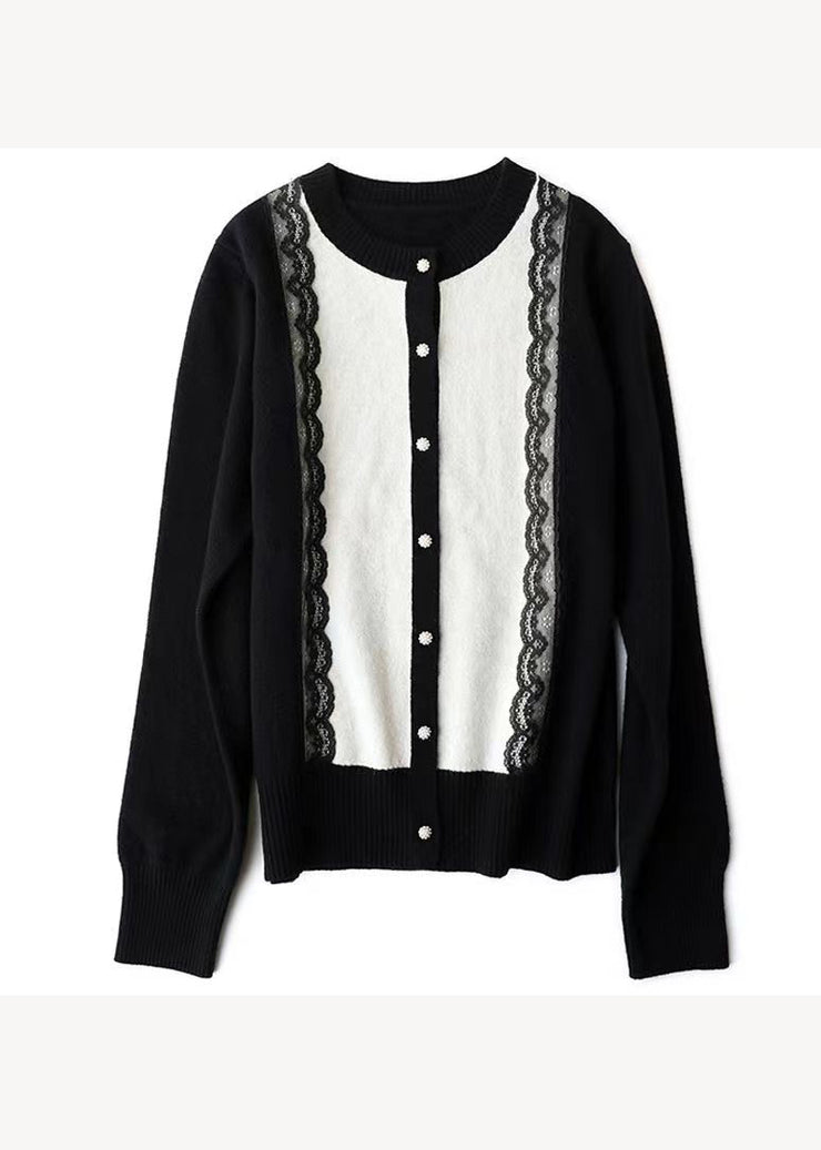 Modern Black O Neck Button Lace Patchwork Woolen Knit Cardigans Fall