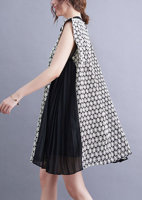 Modernes schwarzes Chiffon-Patchwork-Druck-Baumwollkleid mit O-Ausschnitt, ärmellos