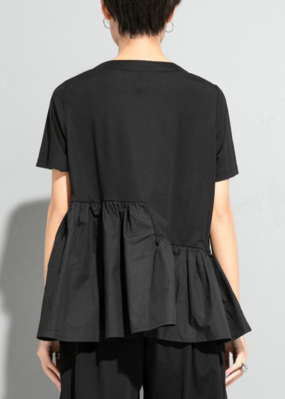 Modern Black O-Neck Cinched Patchwork Pockets T Shirt Short Sleeve