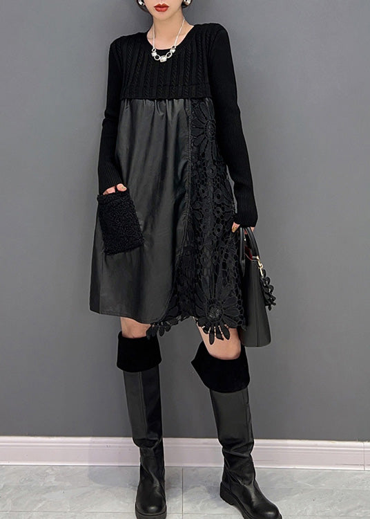 Modern Black O-Neck Embroidered Knit Patchwork Faux Leather Mid Dress Winter