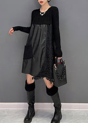 Modern Black O-Neck Embroidered Knit Patchwork Faux Leather Mid Dress Winter