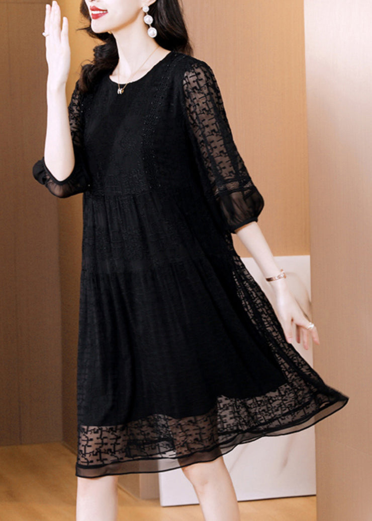 Modern Black O Neck Embroidered Patchwork Silk Mid Dress Fall