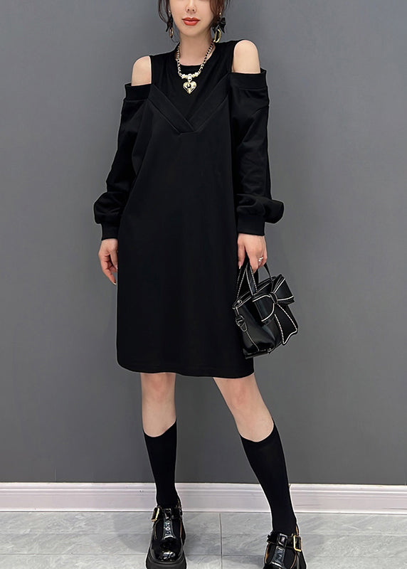 Modern Black O-Neck Fake Two Pieces Knit Mid Dresses Fall