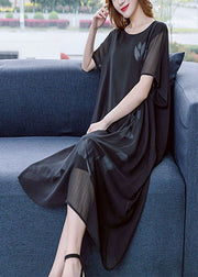 Modern Black O-Neck Floral Print Draping Chiffon Dresses Short Sleeve