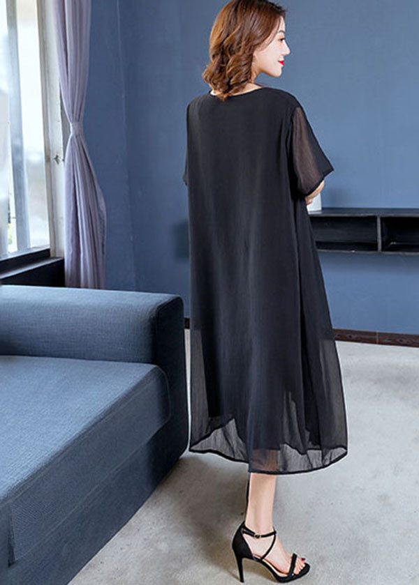 Moderne schwarze O-Neck-Blumendruck-drapierende Chiffon-Kleider mit kurzen Ärmeln