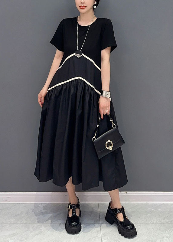 Modern Black O-Neck Patchwork Cotton Long Dress Spring