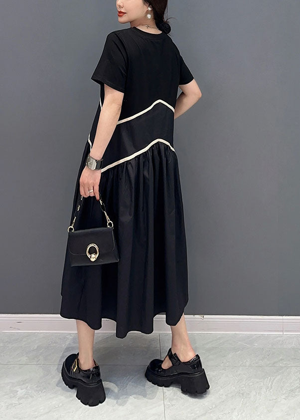 Modern Black O-Neck Patchwork Cotton Long Dress Spring