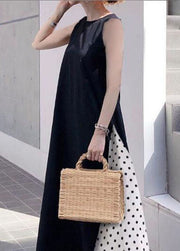 Modern Black O Neck Patchwork Cotton Tank Maxi Dresses Sleeveless