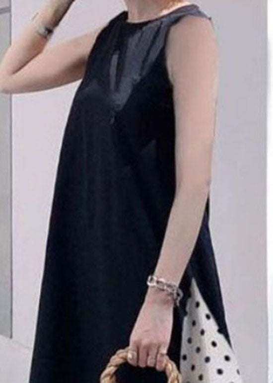 Modern Black O Neck Patchwork Cotton Tank Maxi Dresses Sleeveless