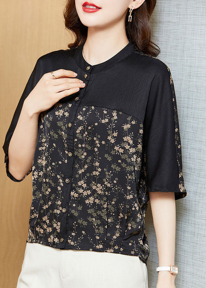 Modern Black O-Neck Patchwork Print Silk Shirt Tops Half Sleeve
