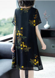 Modern Black O-Neck Print Draping Chiffon Maxi Dresses Summer