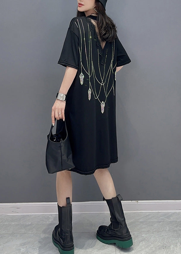 Modern Black O-Neck Print Long Dress Short Sleeve