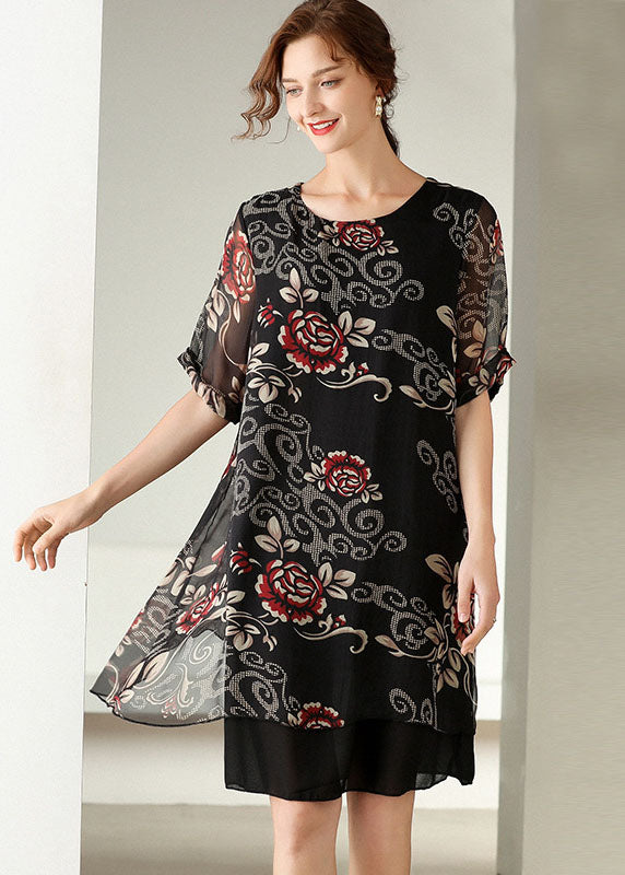 Modern Black O Neck Print Patchwork Silk Dress Summer