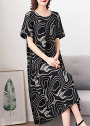 Modern Black O Neck Print Pockets Patchwork Cotton Dress Summer