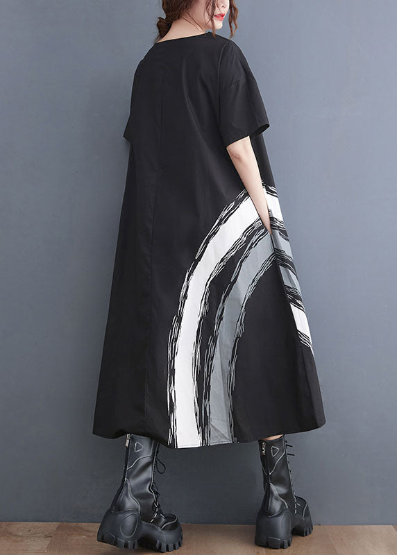 Modern Black O-Neck Ruffled Print Cotton A Line Dress Short Sleeve