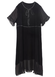Modern Black O-Neck Ruffles Lace Up Chiffon Long Dress Summer