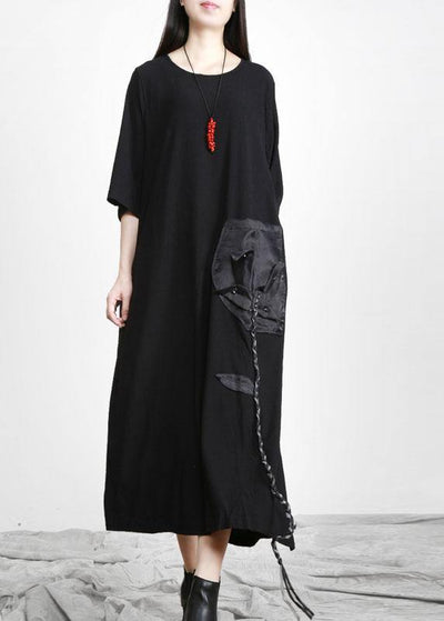 Modern Black O-Neck Side open Fall Dress - SooLinen
